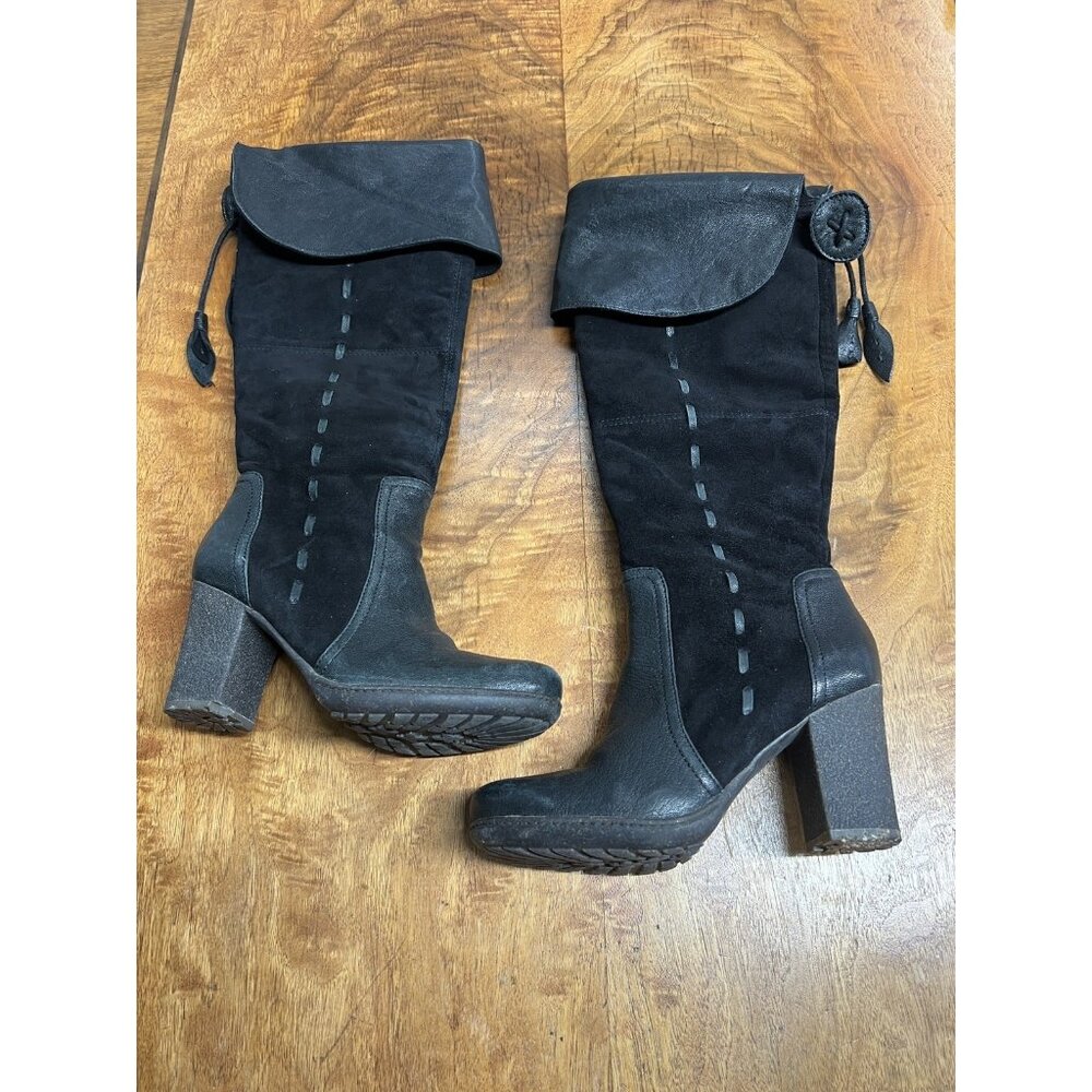 Naya Narubi Women's 7 Black Over the Knee Fold Down Suede Leather Boots Heeled